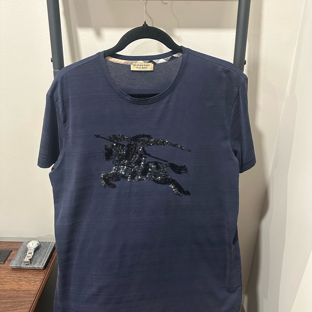 Burberry Navy Short-Sleeve Triple embroidered Sequin Equestrian Crewneck T-Shirt